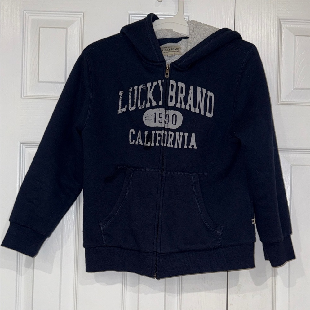 Lucky Brand youth zip up hoodie Sherpa lined youth size S ( 7/8) Navy Blue